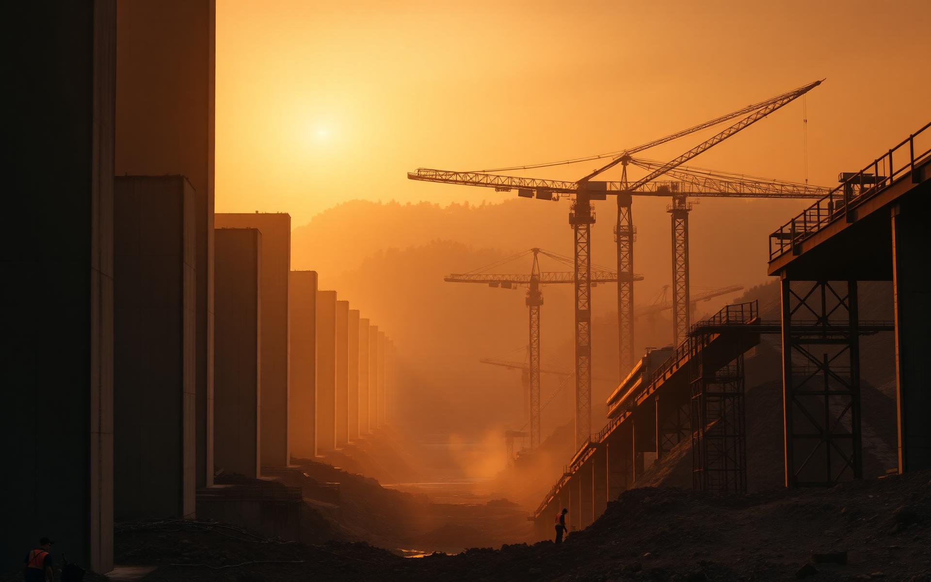 Bridge pillars and tower cranes at sunrise